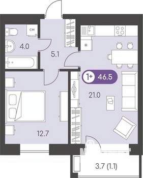 1-к квартира, строящийся дом, 47м2, 5/9 этаж