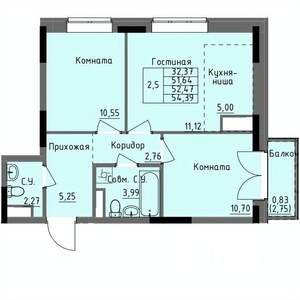 2-к квартира, строящийся дом, 52м2, 11/17 этаж