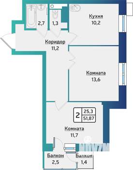 2-к квартира, строящийся дом, 52м2, 11/17 этаж
