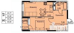 2-к квартира, строящийся дом, 44м2, 9/17 этаж