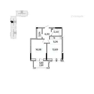 1-к квартира, вторичка, 54м2, 12/17 этаж