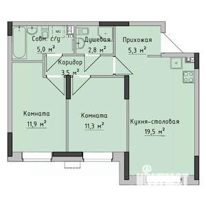 2-к квартира, вторичка, 59м2, 1/17 этаж
