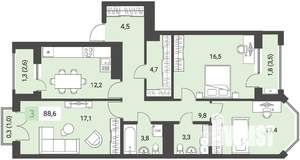 3-к квартира, строящийся дом, 92м2, 3/16 этаж