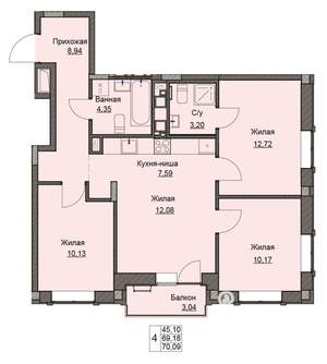 3-к квартира, строящийся дом, 70м2, 8/17 этаж