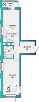 2-к квартира, строящийся дом, 51м2, 9/17 этаж