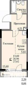 Студия квартира, строящийся дом, 29м2, 2/17 этаж