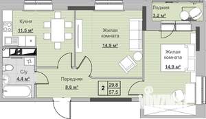 2-к квартира, строящийся дом, 57м2, 11/18 этаж