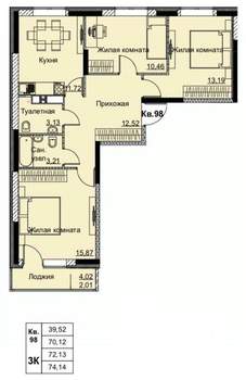 3-к квартира, строящийся дом, 72м2, 9/17 этаж