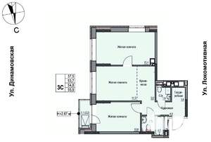 3-к квартира, строящийся дом, 55м2, 11/17 этаж