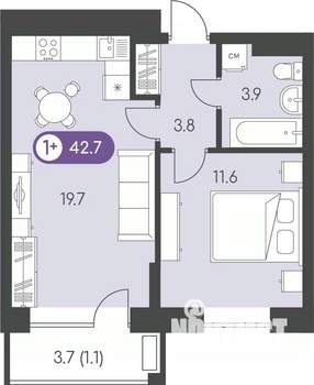1-к квартира, строящийся дом, 43м2, 8/9 этаж