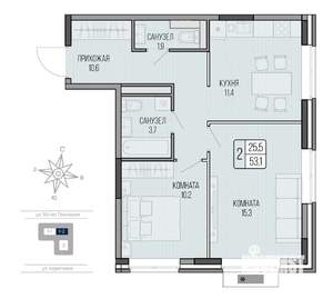 2-к квартира, вторичка, 53м2, 2/9 этаж