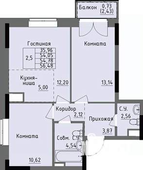 2-к квартира, строящийся дом, 55м2, 6/17 этаж