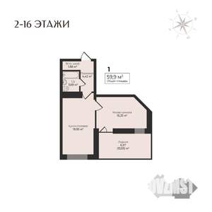 1-к квартира, вторичка, 60м2, 16/17 этаж