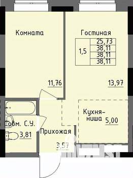 1-к квартира, строящийся дом, 38м2, 1/17 этаж
