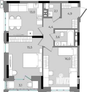 2-к квартира, вторичка, 63м2, 12/16 этаж