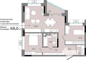 2-к квартира, строящийся дом, 68м2, 5/15 этаж