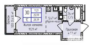 1-к квартира, строящийся дом, 28м2, 3/17 этаж