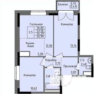 2-к квартира, строящийся дом, 54м2, 9/17 этаж