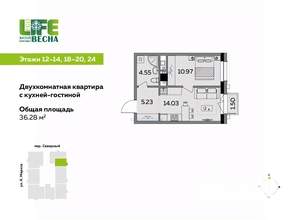 2-к квартира, вторичка, 36м2, 13/25 этаж