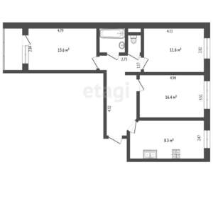 3-к квартира, вторичка, 66м2, 4/10 этаж