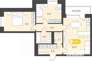 2-к квартира, строящийся дом, 69м2, 6/9 этаж