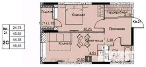 2-к квартира, строящийся дом, 44м2, 2/17 этаж