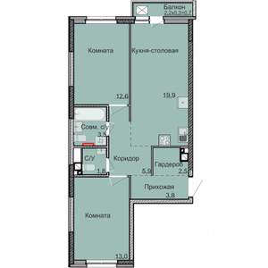 2-к квартира, строящийся дом, 64м2, 6/17 этаж
