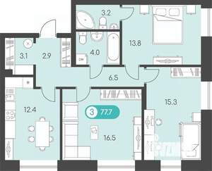 3-к квартира, строящийся дом, 78м2, 2/9 этаж