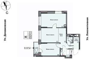 3-к квартира, строящийся дом, 55м2, 17/17 этаж