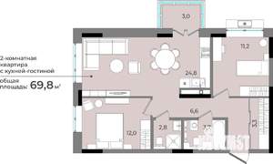 2-к квартира, строящийся дом, 70м2, 6/15 этаж
