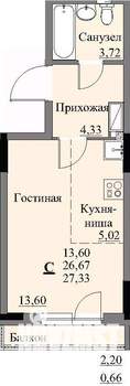 Студия квартира, строящийся дом, 29м2, 15/17 этаж