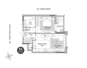 1-к квартира, строящийся дом, 45м2, 6/17 этаж