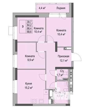 3-к квартира, вторичка, 66м2, 14/17 этаж