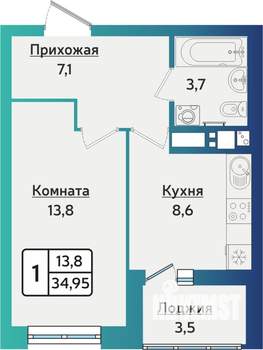 1-к квартира, строящийся дом, 35м2, 12/16 этаж
