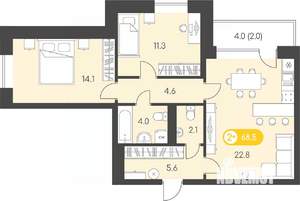 2-к квартира, строящийся дом, 69м2, 9/9 этаж
