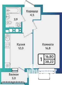 1-к квартира, строящийся дом, 38м2, 7/10 этаж