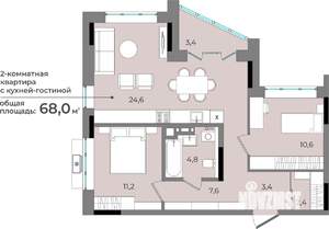 2-к квартира, строящийся дом, 68м2, 3/15 этаж