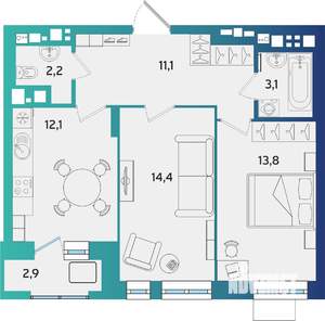 2-к квартира, строящийся дом, 58м2, 10/16 этаж