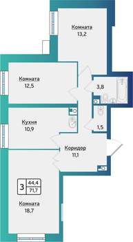 3-к квартира, строящийся дом, 72м2, 1/17 этаж