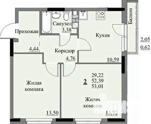 2-к квартира, строящийся дом, 54м2, 6/17 этаж