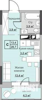 Студия квартира, строящийся дом, 28м2, 17/18 этаж