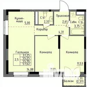 2-к квартира, строящийся дом, 56м2, 17/17 этаж
