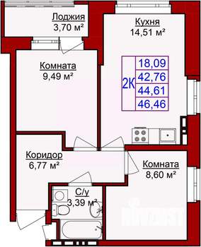 2-к квартира, строящийся дом, 46м2, 6/8 этаж