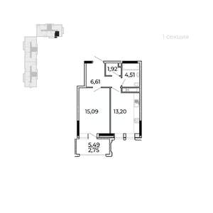 1-к квартира, строящийся дом, 47м2, 2/17 этаж