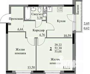 2-к квартира, строящийся дом, 54м2, 5/17 этаж