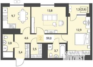 2-к квартира, строящийся дом, 59м2, 15/16 этаж