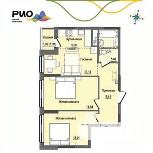 2-к квартира, вторичка, 59м2, 6/17 этаж