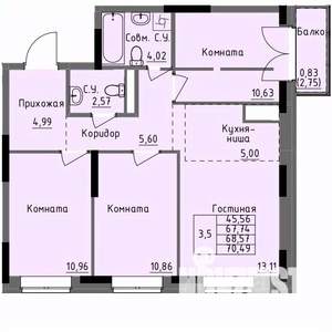3-к квартира, строящийся дом, 69м2, 13/17 этаж