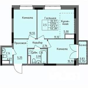 2-к квартира, строящийся дом, 52м2, 11/17 этаж