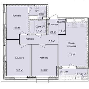 3-к квартира, строящийся дом, 73м2, 15/17 этаж